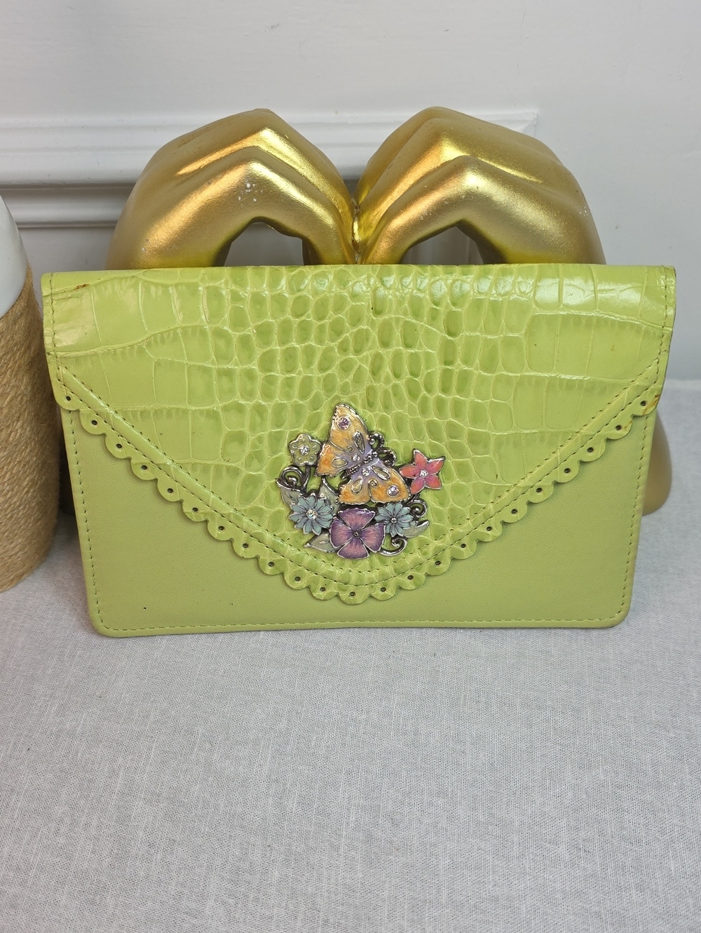 Brighton Lime Green Croc-Embossed Floral Butterfly Envelope Clutch